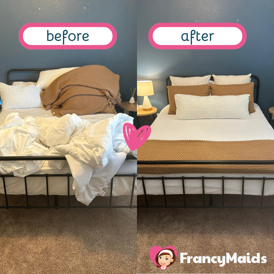 A before and after photo of a bed from francy maids
