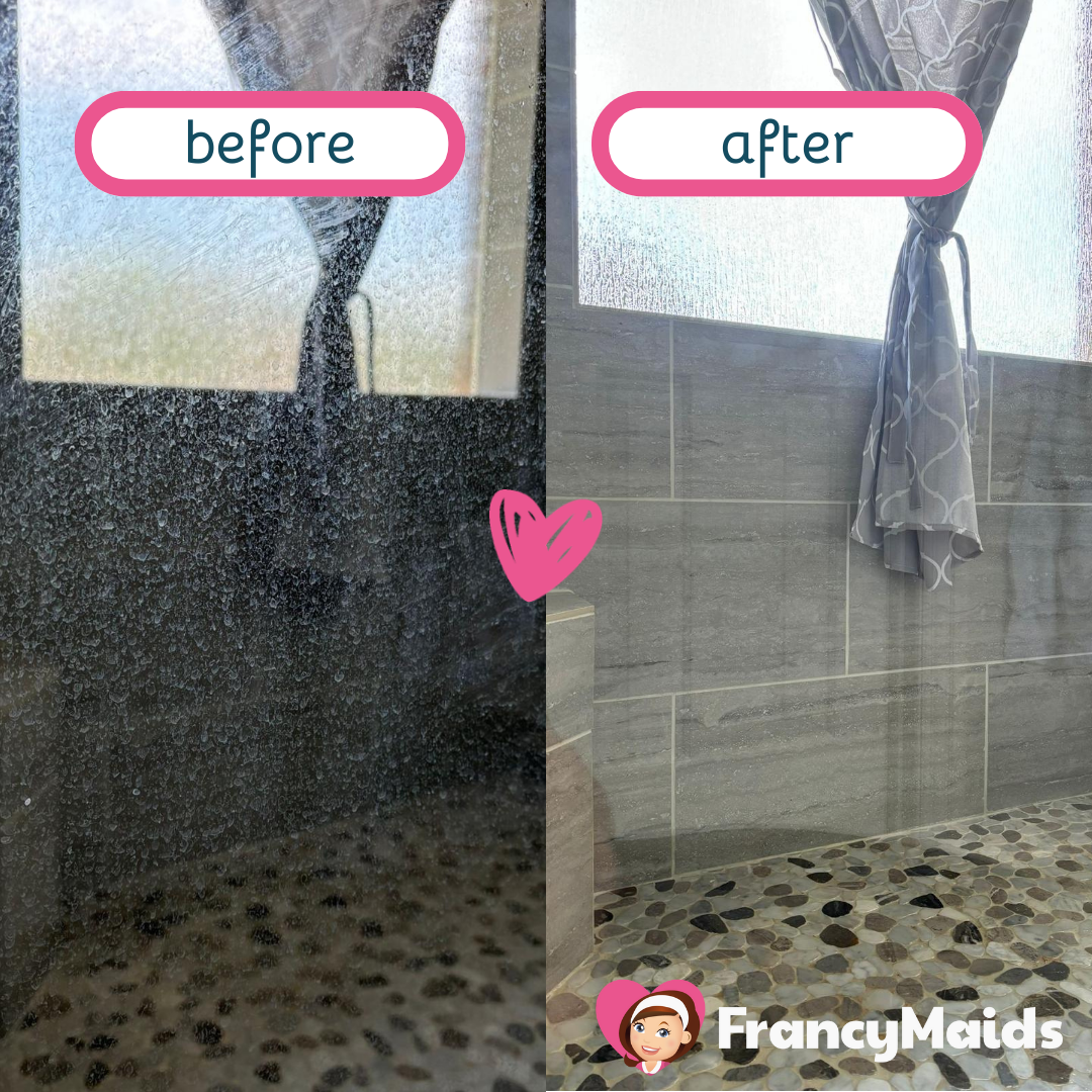A picture of a shower before and after cleaning by francy maids