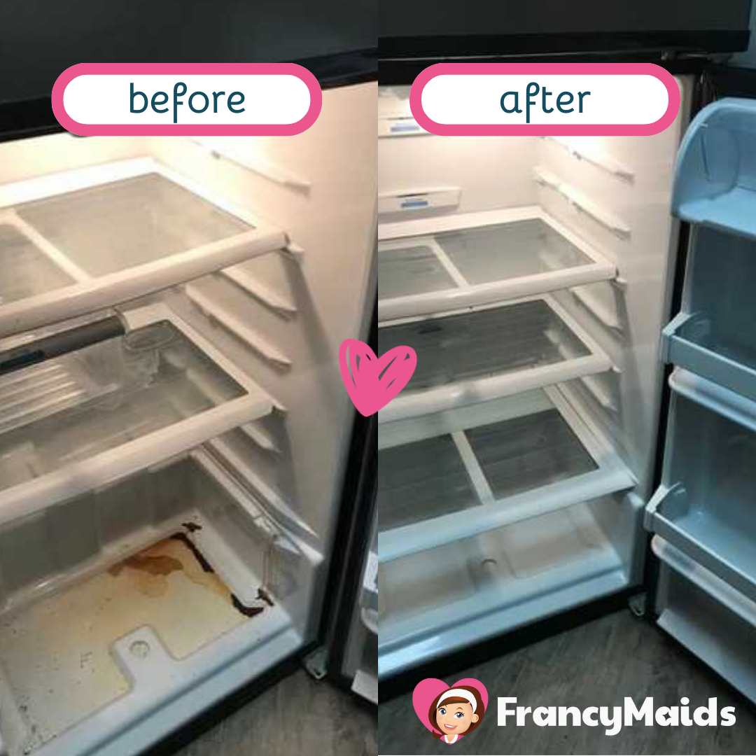 A before and after photo of a refrigerator by francy maids