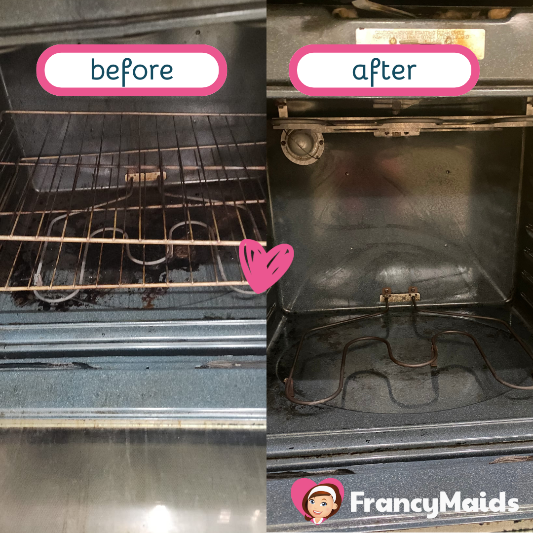 A before and after picture of a dirty oven