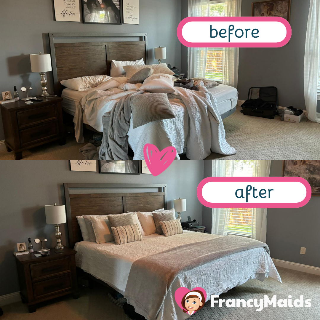 A before and after photo of a bedroom with a bed