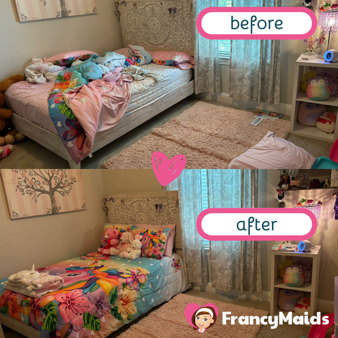 A before and after photo of a bedroom by francy maids