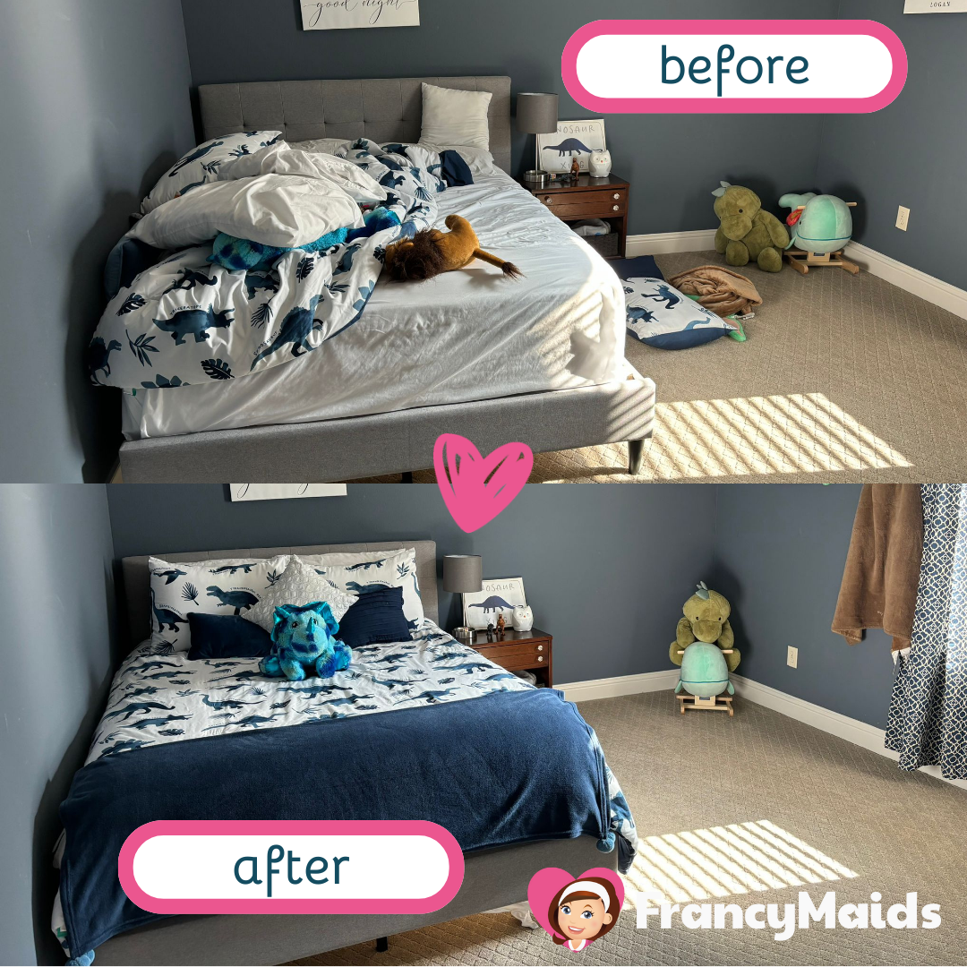 A before and after photo of a child 's bedroom