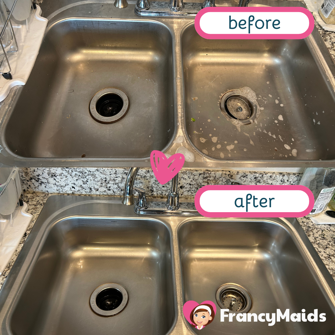A before and after photo of a stainless steel kitchen sink