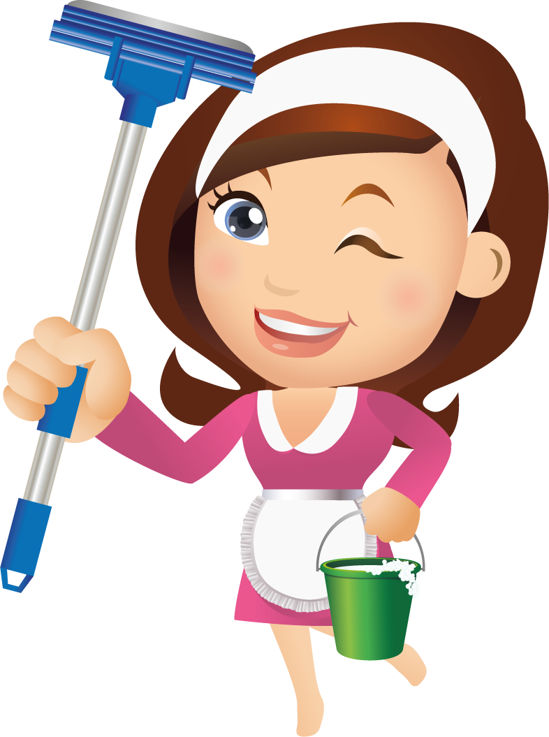 A cartoon woman is holding a mop and a bucket.