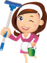 A cartoon woman is holding a mop and a bucket.