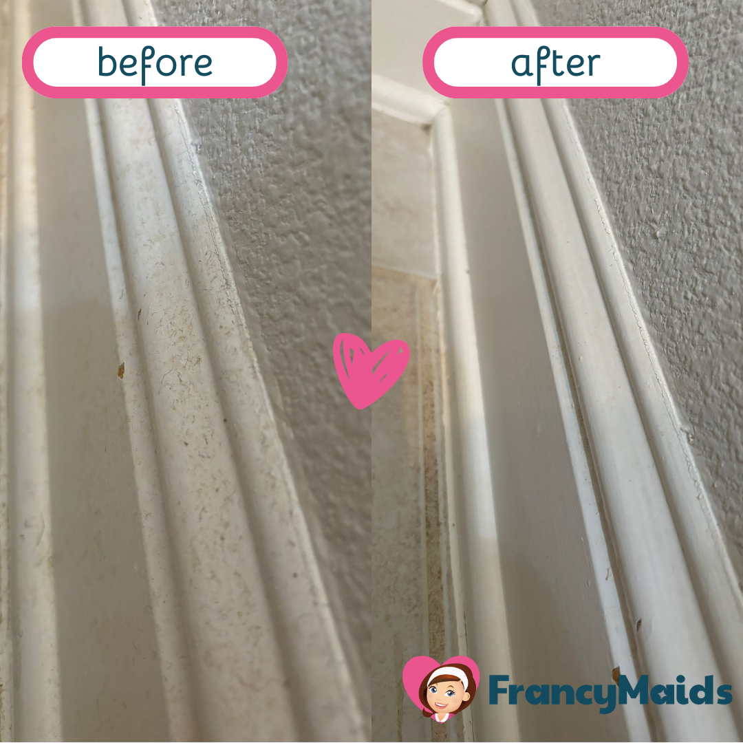 A picture of a door before and after being cleaned by francy maids
