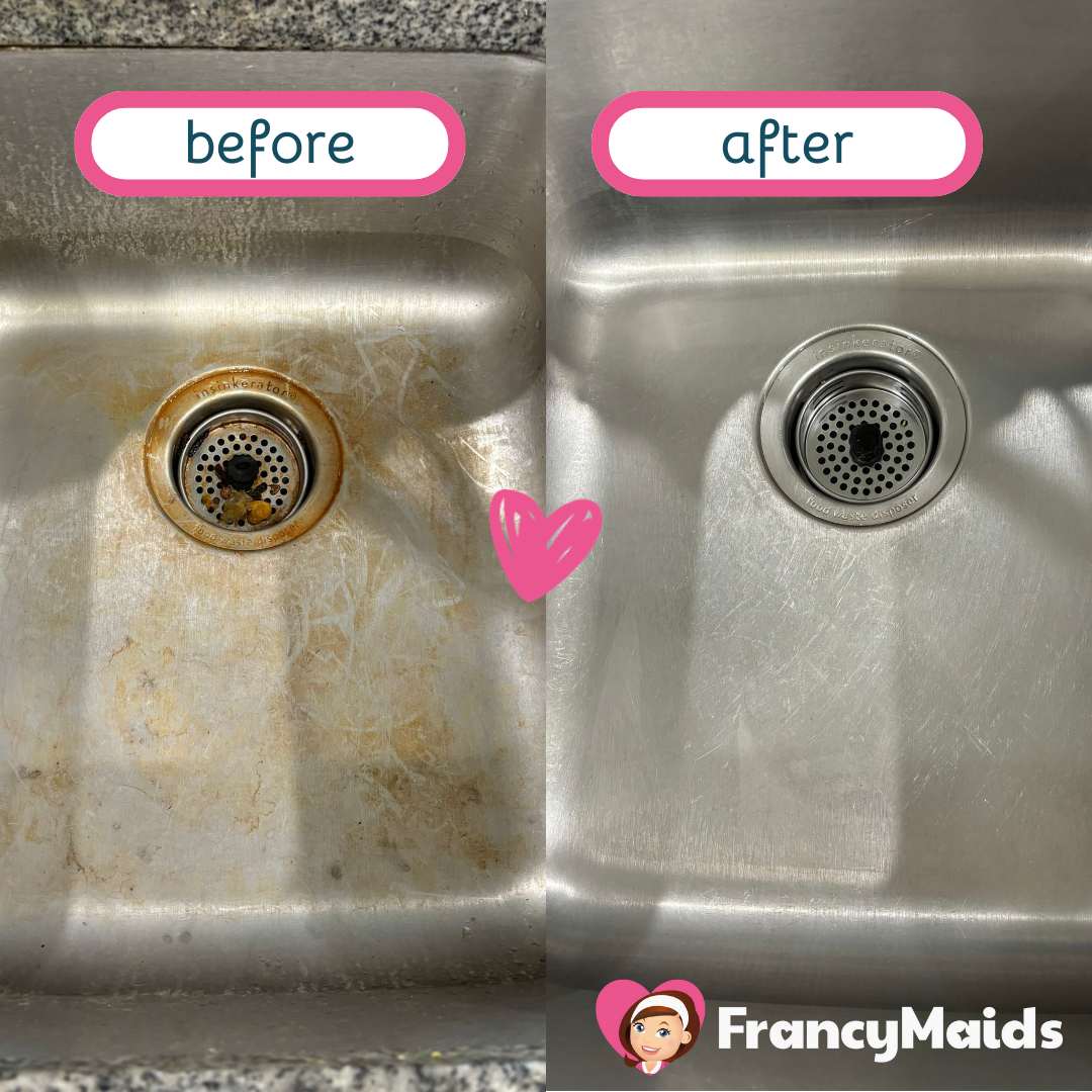 A before and after picture of a stainless steel kitchen sink
