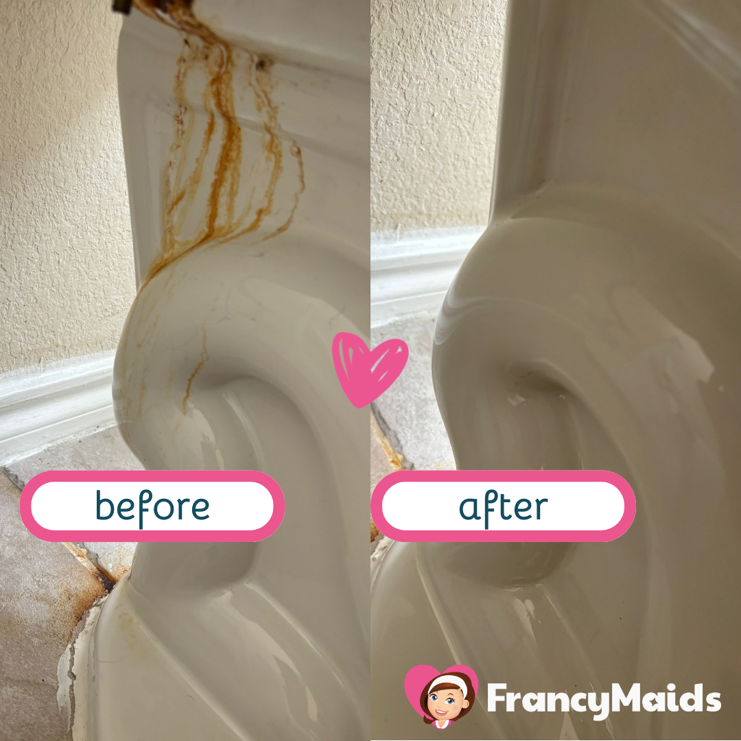 A picture of a toilet before and after cleaning by francy maids
