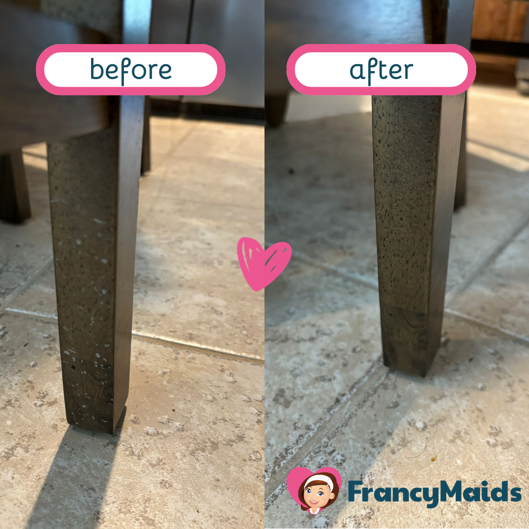 A before and after photo of a chair leg