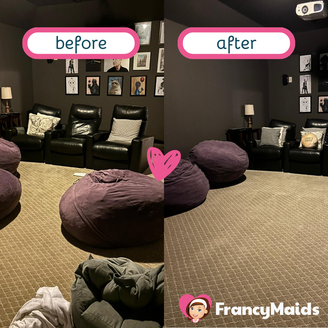 A before and after photo of a living room with purple bean bag chairs