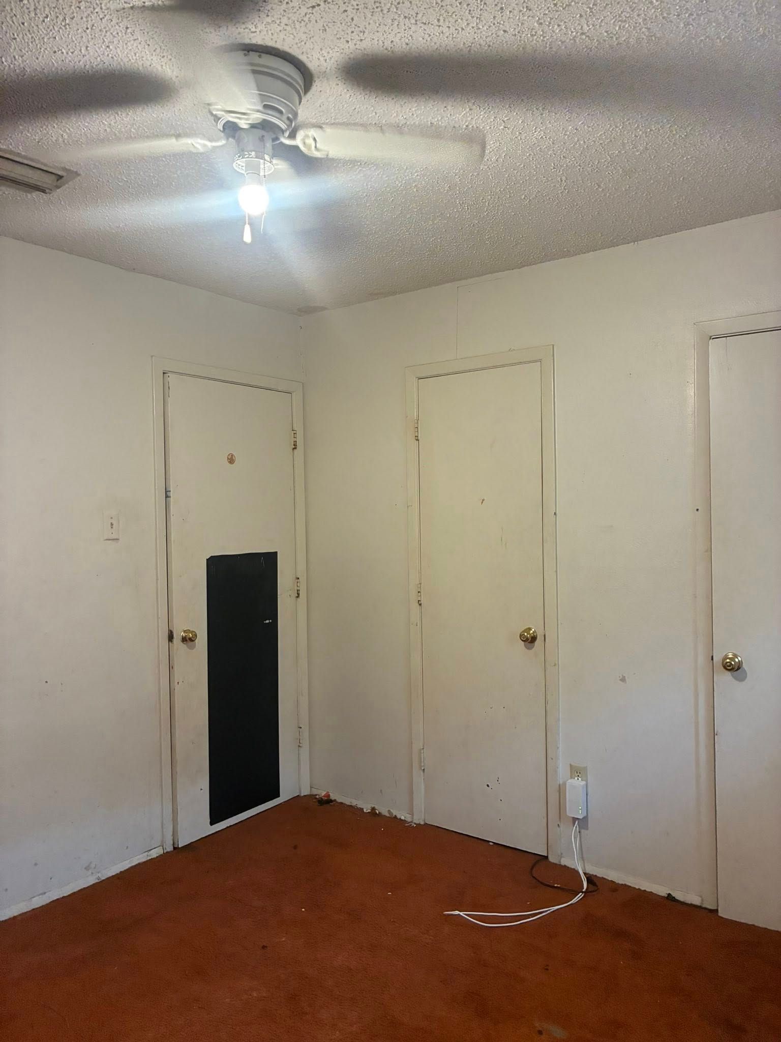 Empty beige room with three white doors, brown carpet, and a ceiling fan/light.