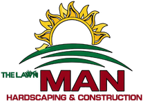 Logo for The Lawn Man: yellow sun over green curved landscape lines, with company name in red and green text below.
