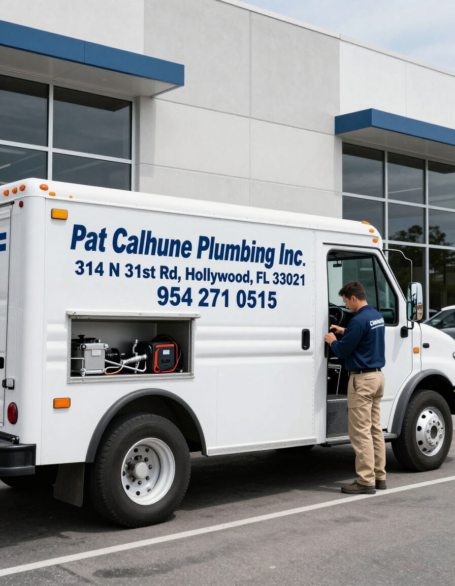 Pat Calhoune Plumbing Inc service truck outside a commercial property