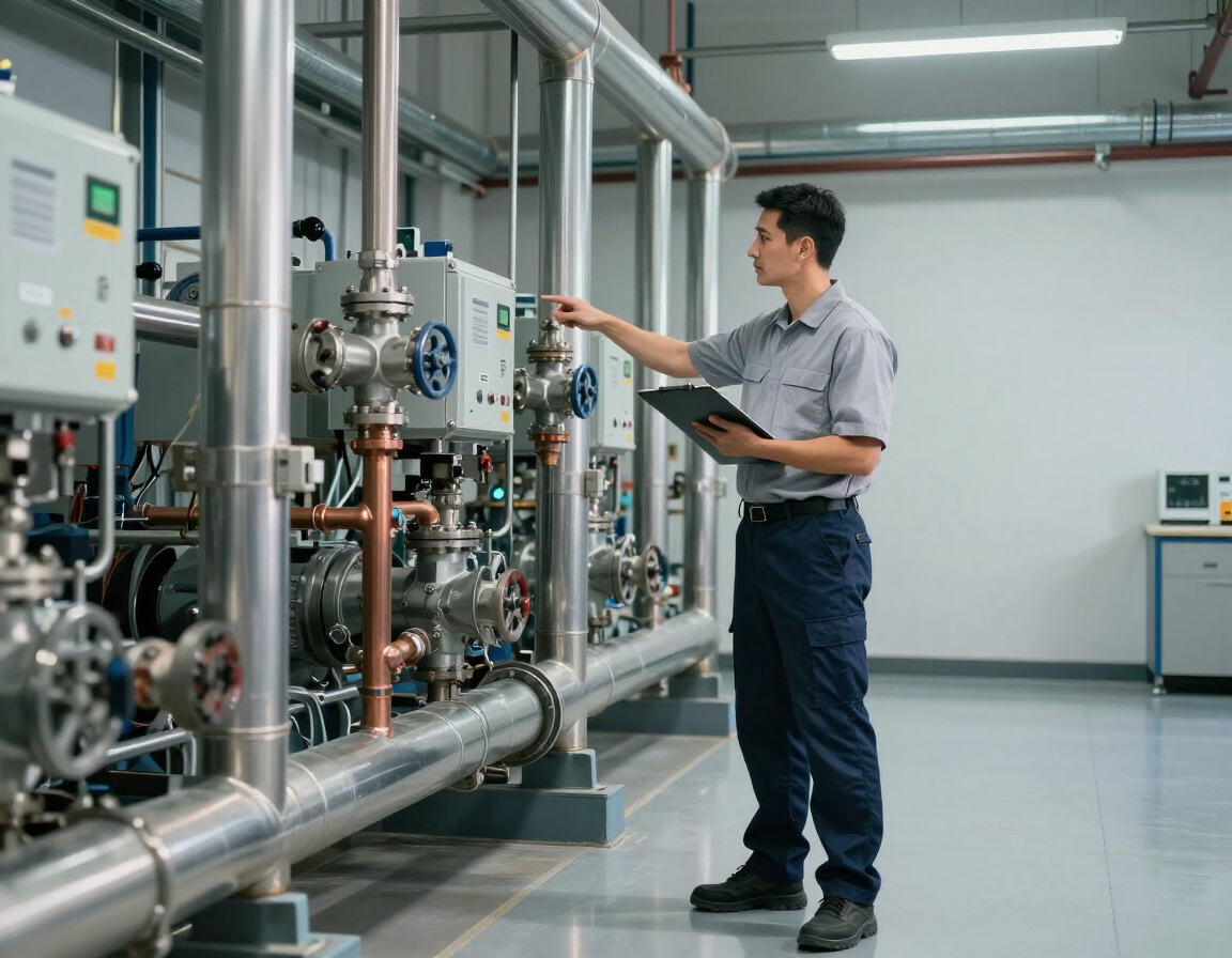 Technician reviewing commercial plumbing equipment