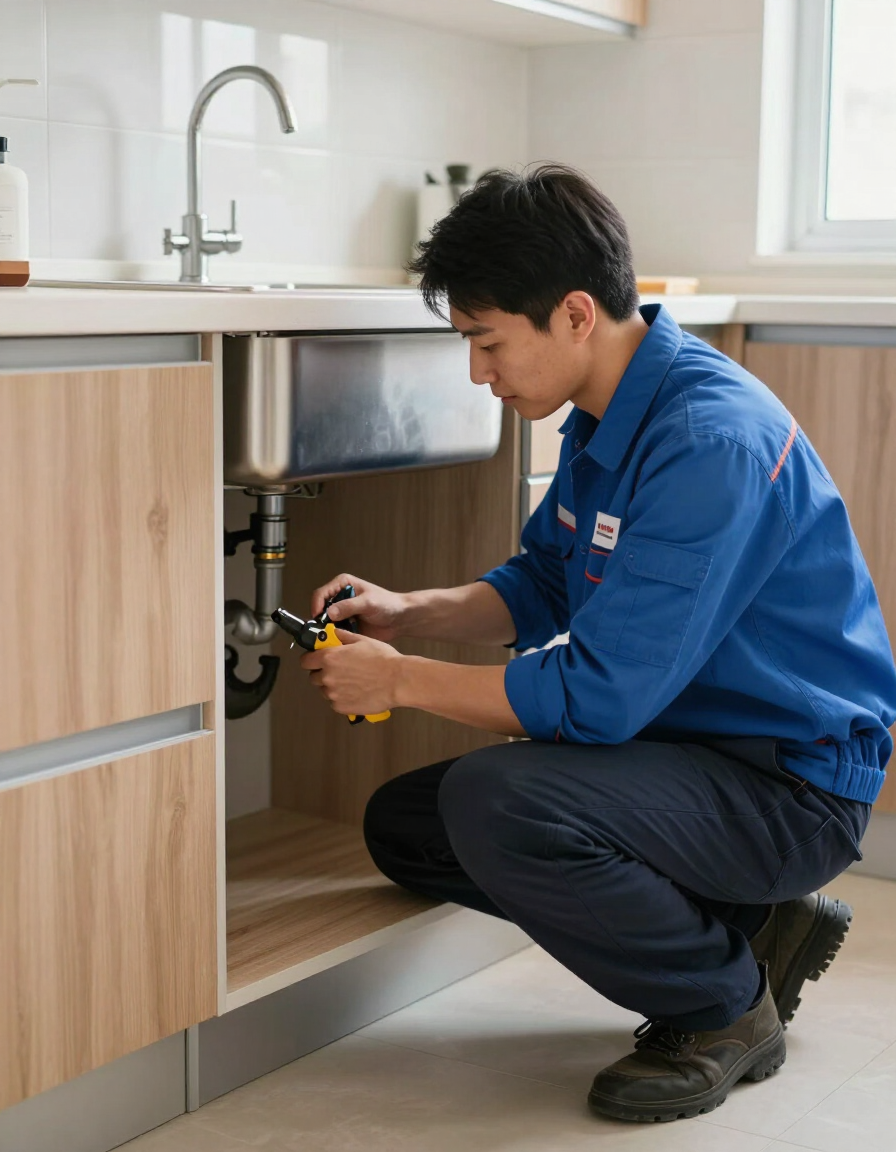 Plumber working beneath a residential kitchen sink