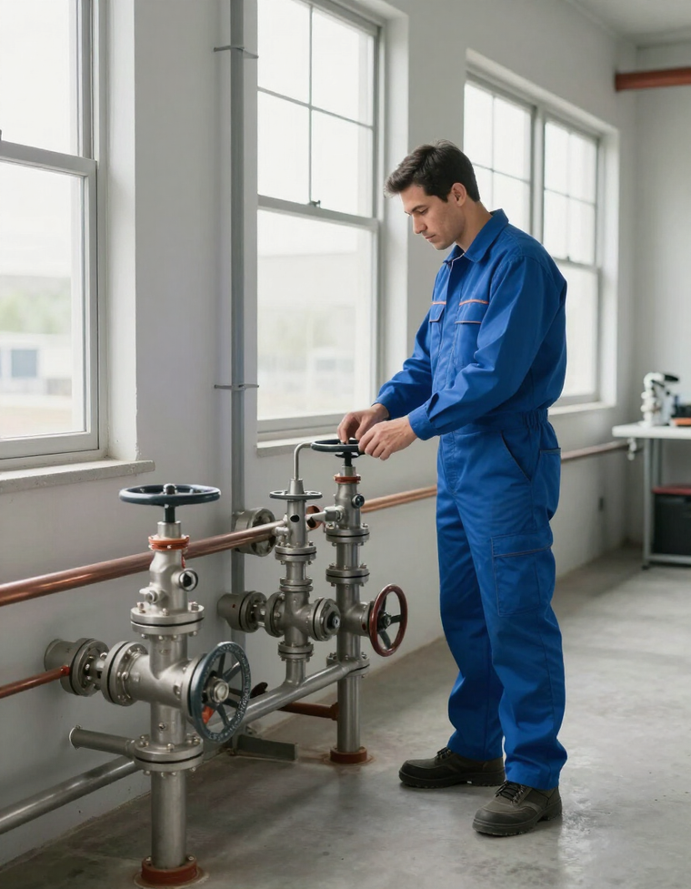 Uniformed plumber inspecting commercial plumbing equipment