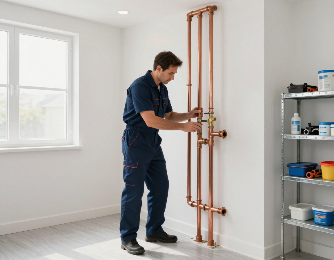 Plumber inspecting exposed piping in a home utility area