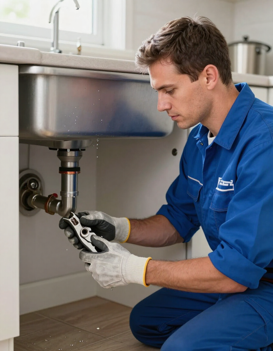 Plumber working beneath a residential kitchen sink