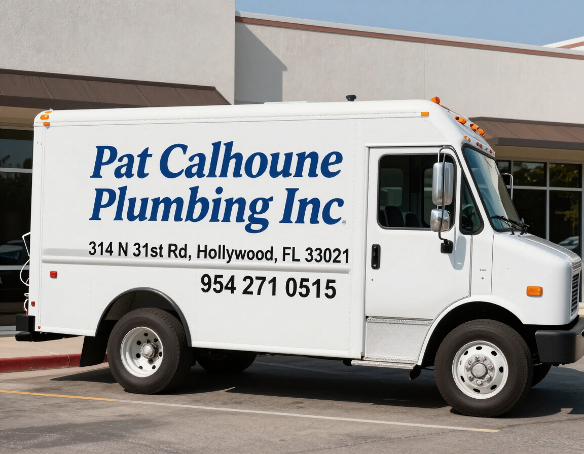 Pat Calhoune Plumbing Inc service truck parked outside a commercial property