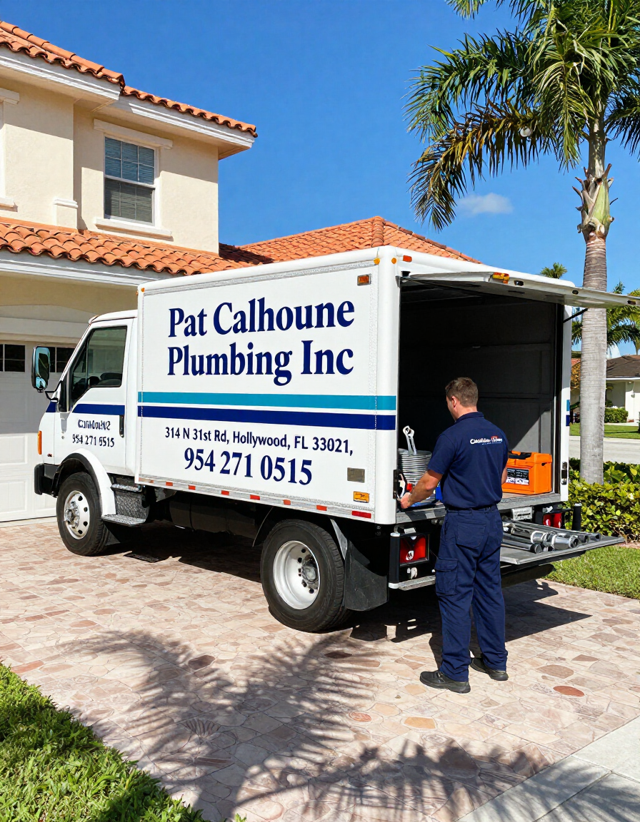 Pat Calhoune Plumbing Inc truck at a residential home