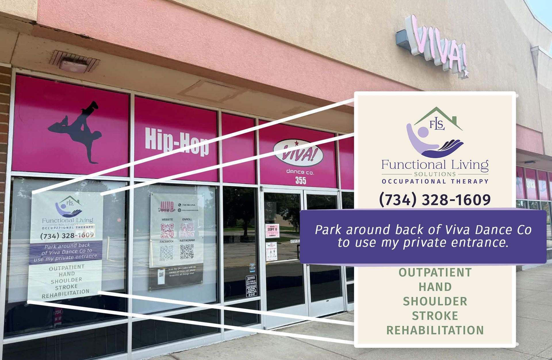 Storefront with pink signs and a white appointment sign for massage, cupping, and rehab services