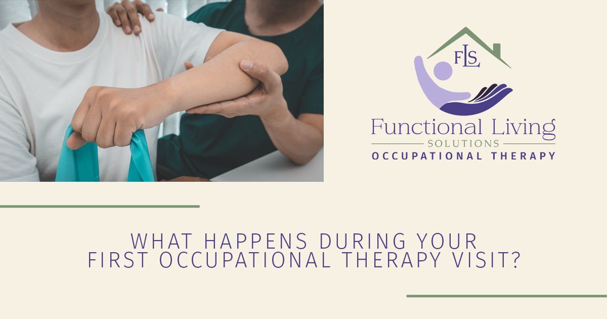 Physical therapy session photo with logo and text: “What happens during your first occupational therapy visit?”