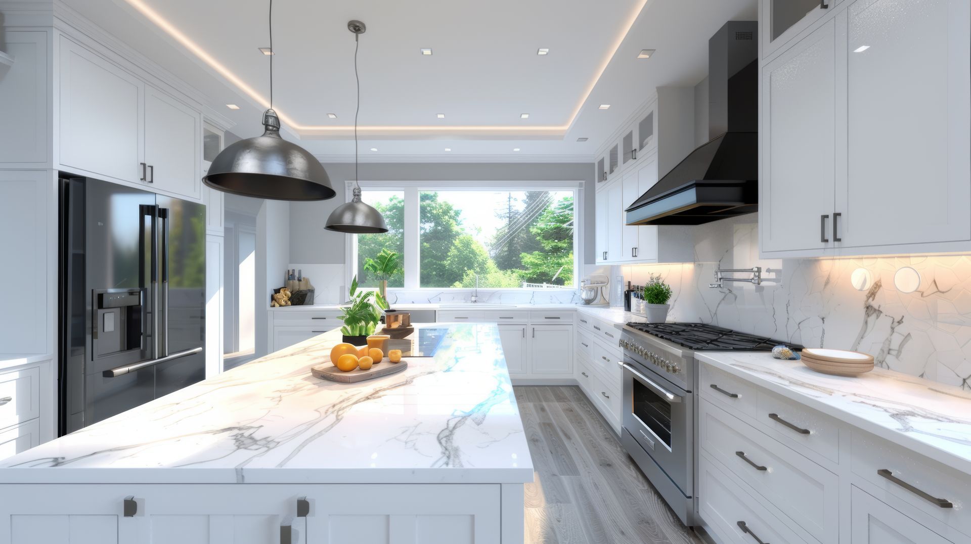 Elegant white marble kitchen countertops featuring a large island in a modern luxury home. Elegant white marble kitchen countertops featuring a large island in a modern luxury home.