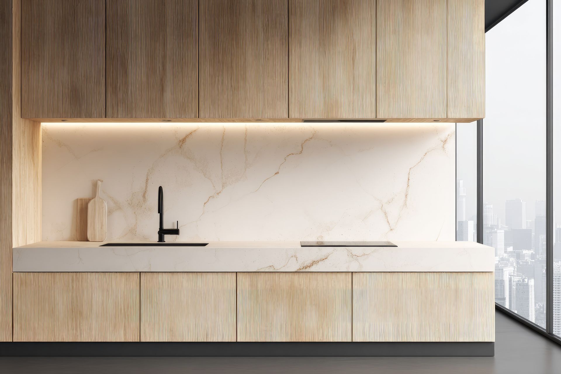 Modern kitchen interior with wood cabinets, marble countertops, and a large window.