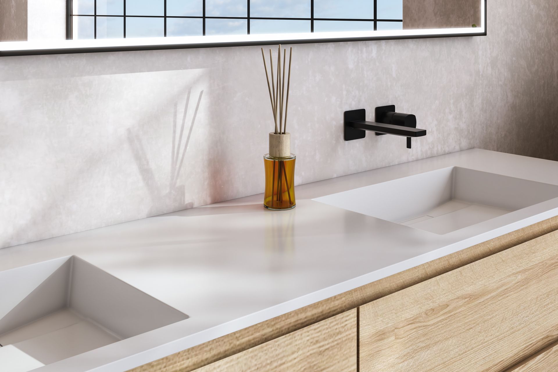 Modern bathroom vanity with two sinks, a wall-mounted faucet, and a reed diffuser on a white countertop. Modern bathroom vanity with two sinks, a wall-mounted faucet, and a reed diffuser on a white countertop.