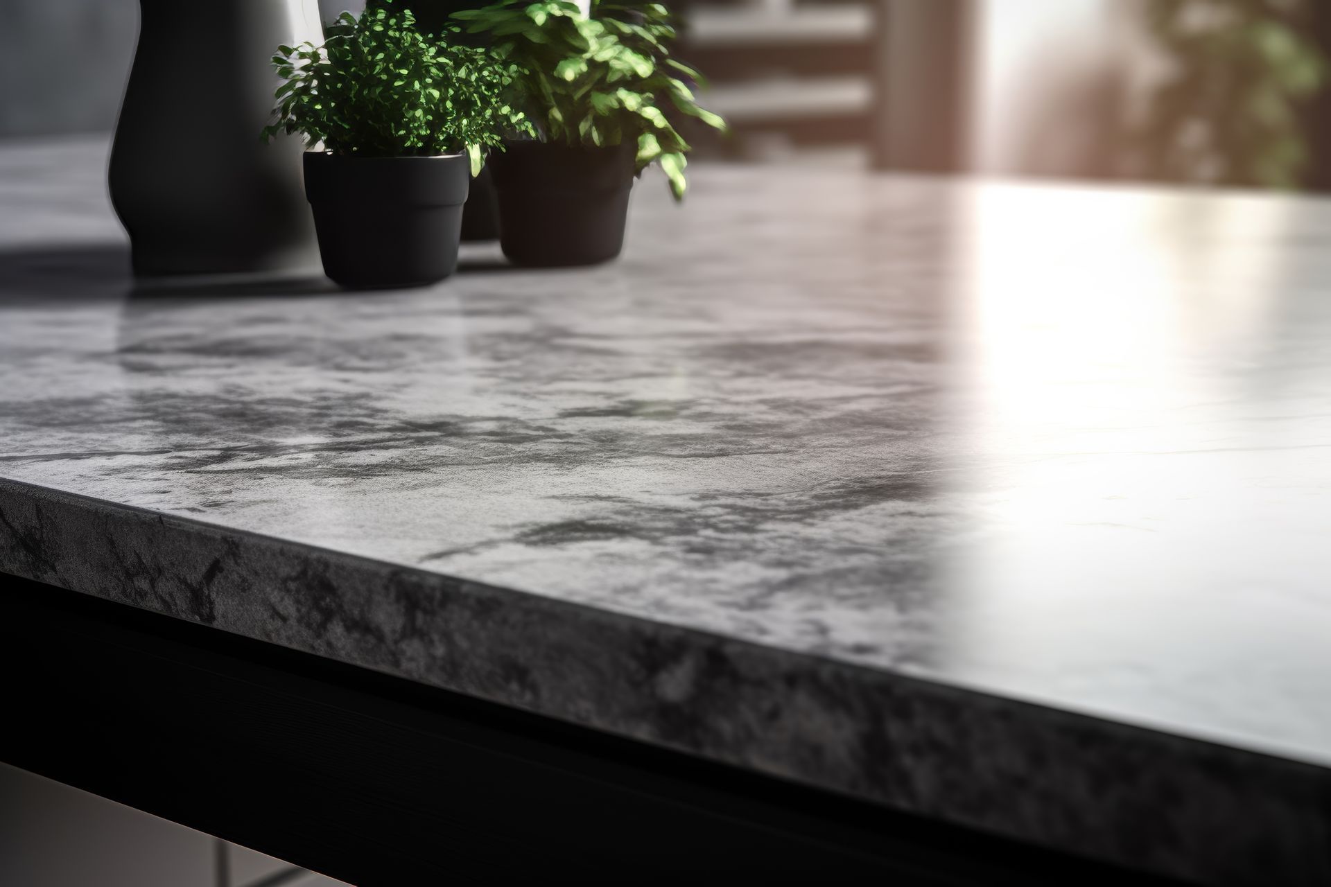 Close-up view of durable gray and white polished stone kitchen countertops in a kitchen. Close-up view of durable gray and white polished stone kitchen countertops in a kitchen.