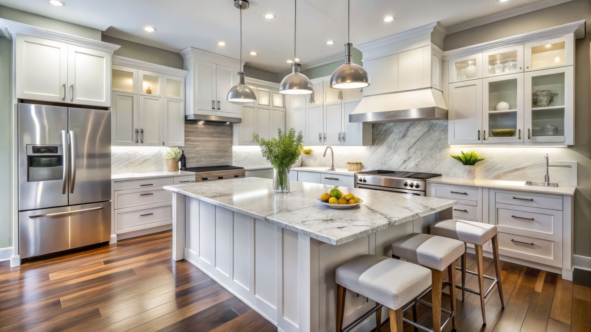 Modern white kitchen with marble island and custom countertops in bright open layout. Modern white kitchen with marble island and custom countertops in bright open layout.