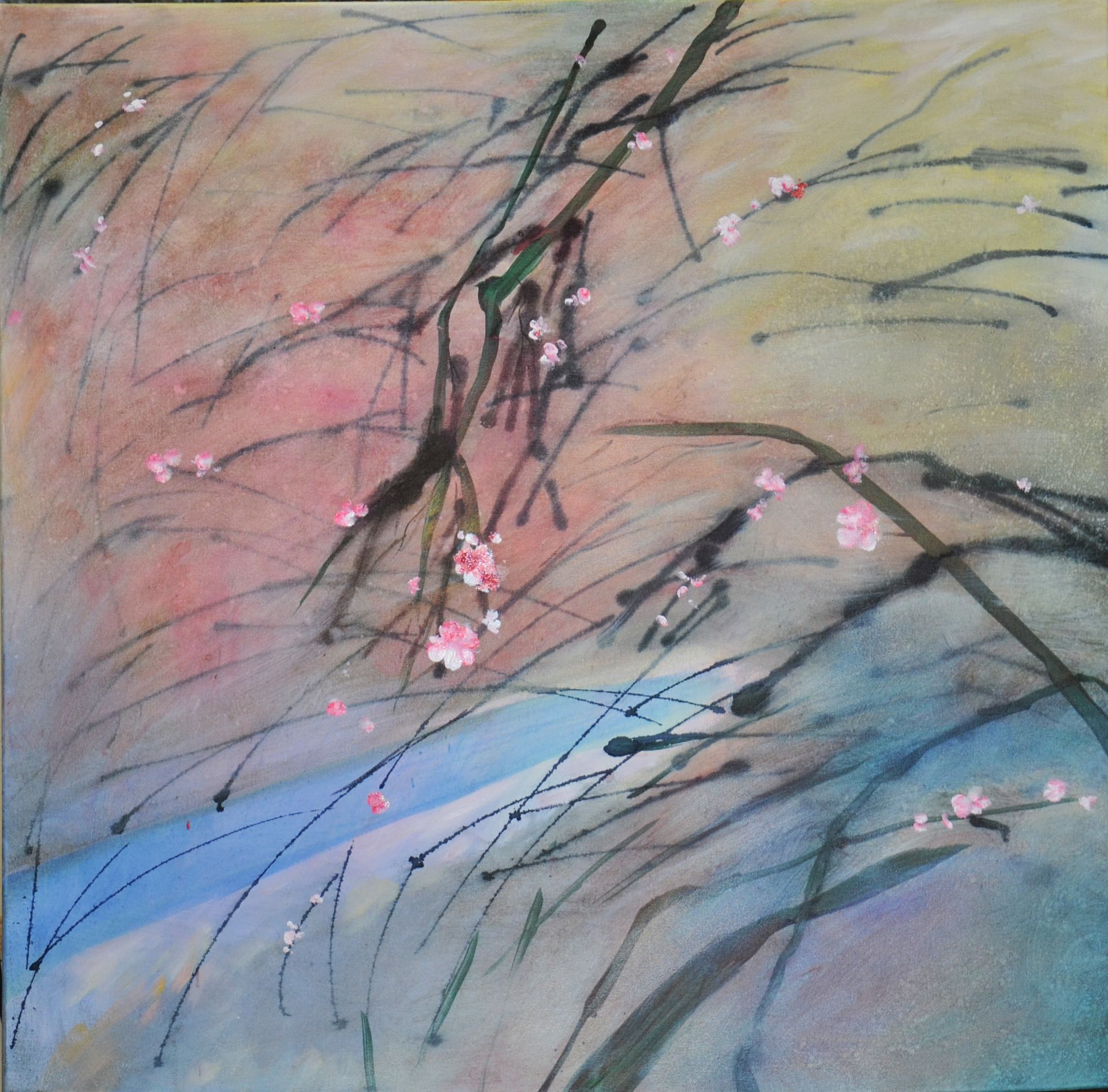 Abstract pastel painting of dark grass-like stems with small pink blossoms over a soft blue, peach, and lavender background