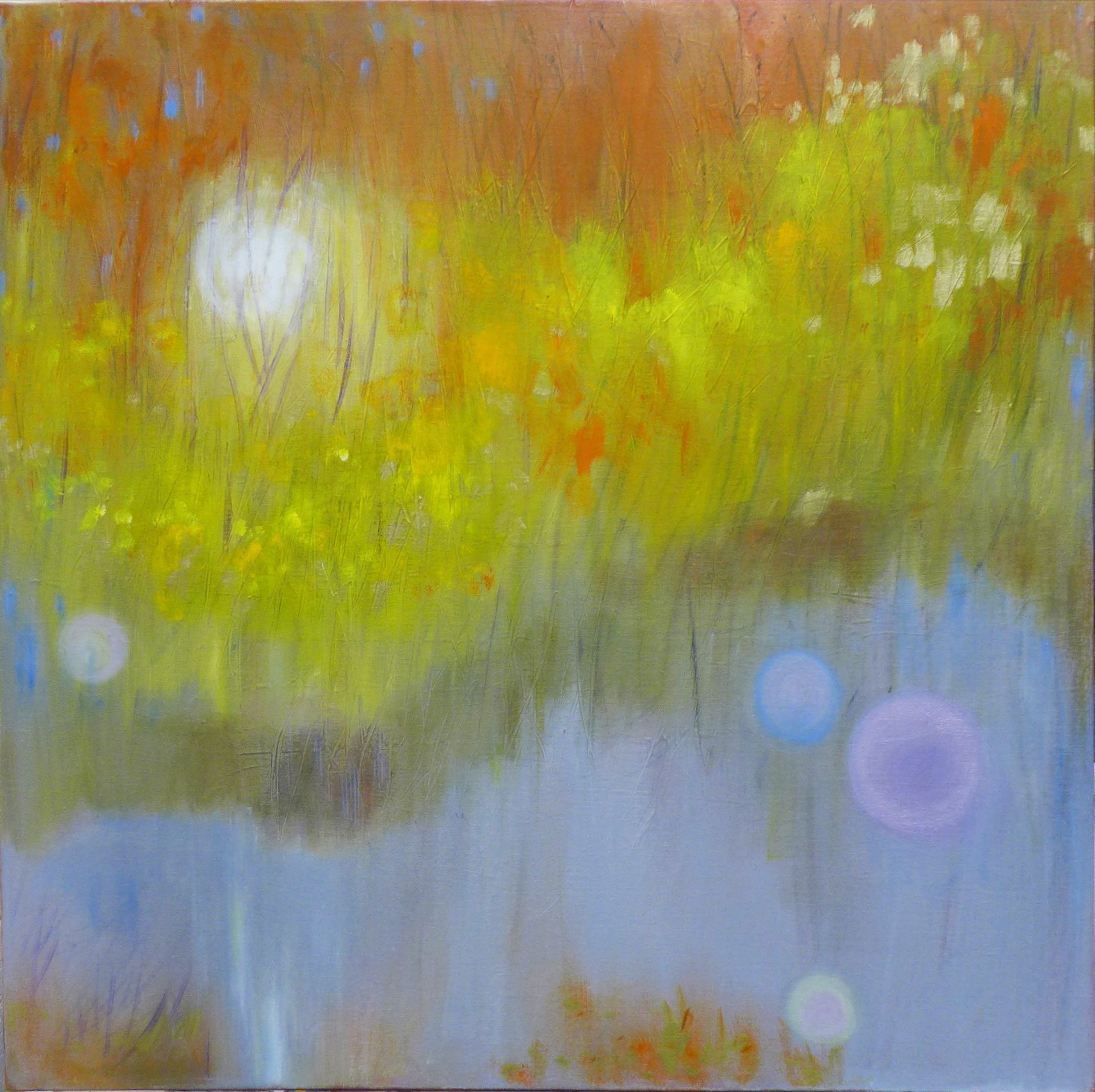 Abstract painting with yellow-orange brushstrokes over blue-gray, with soft glowing circles and a blurred light spot