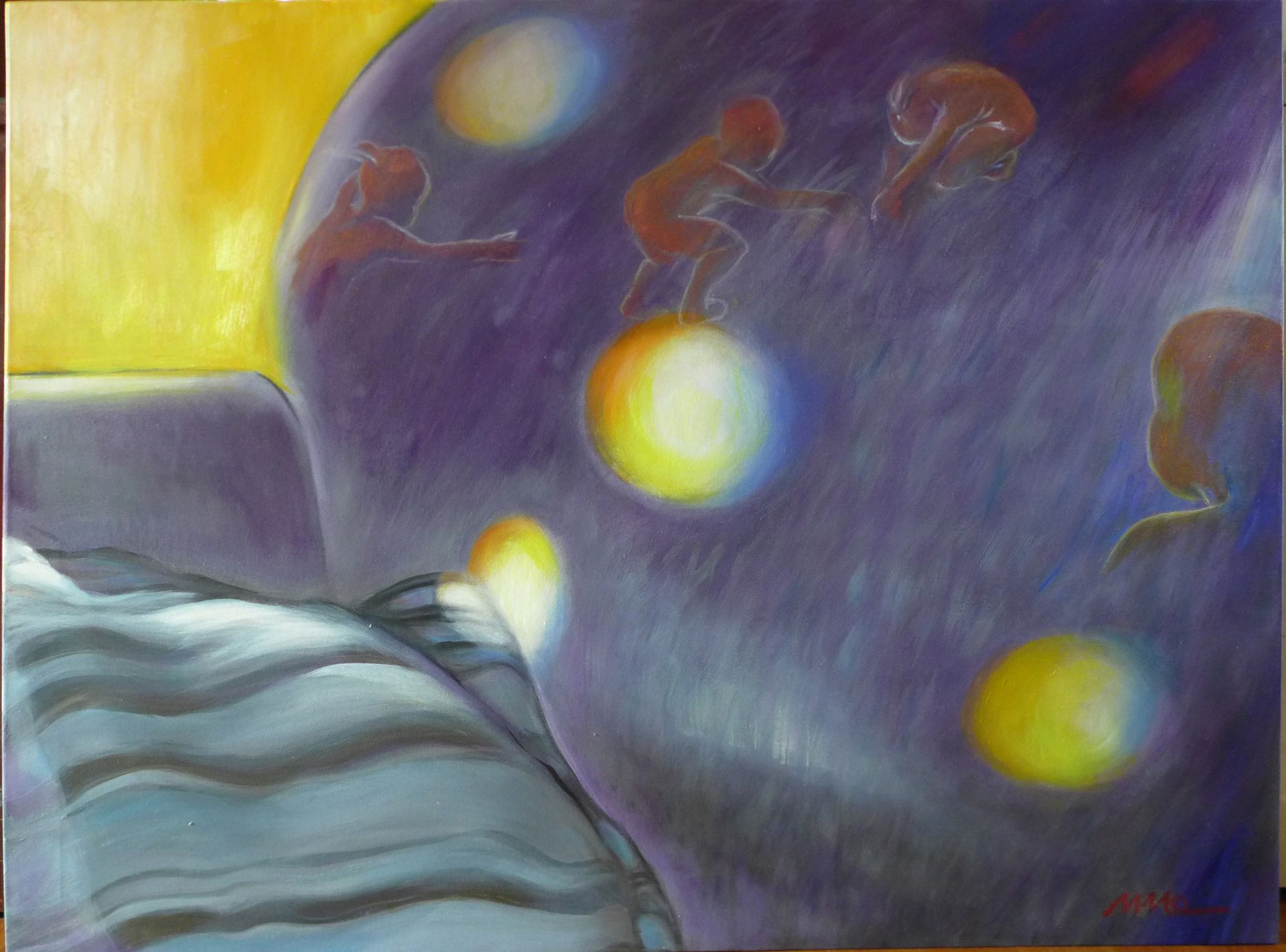 Abstract painting of jellyfish floating in a purple-blue sea with glowing yellow lights and a striped foreground