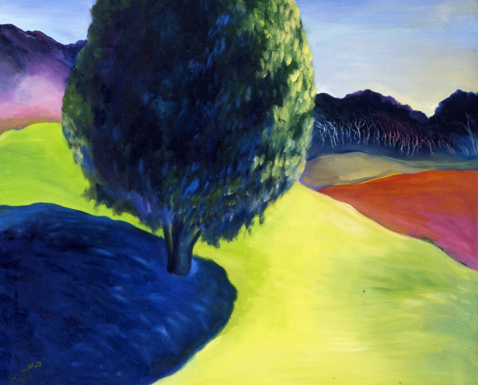 Colorful landscape with a lone tree, blue shadow, yellow path, and red hills under a bright sky