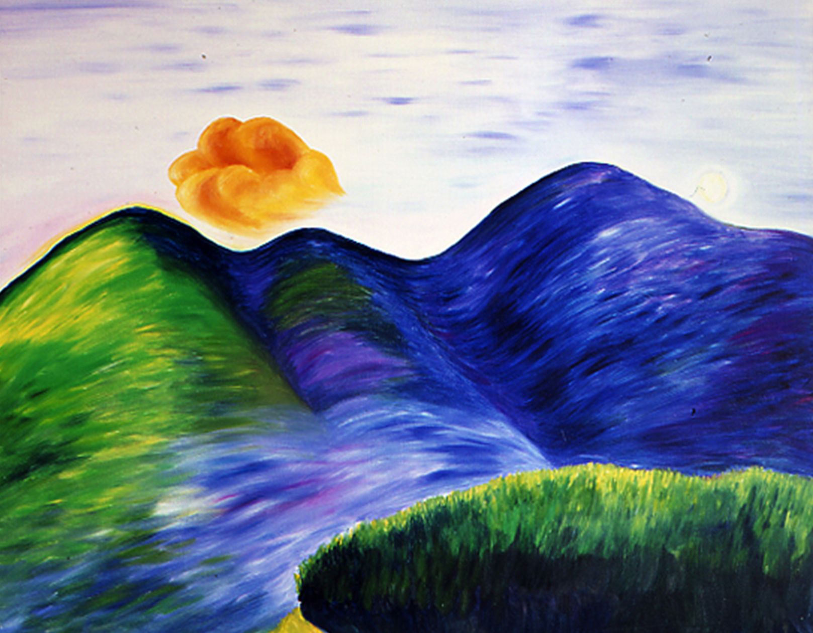 Abstract painting of green and blue mountains under an orange cloud over a misty valley