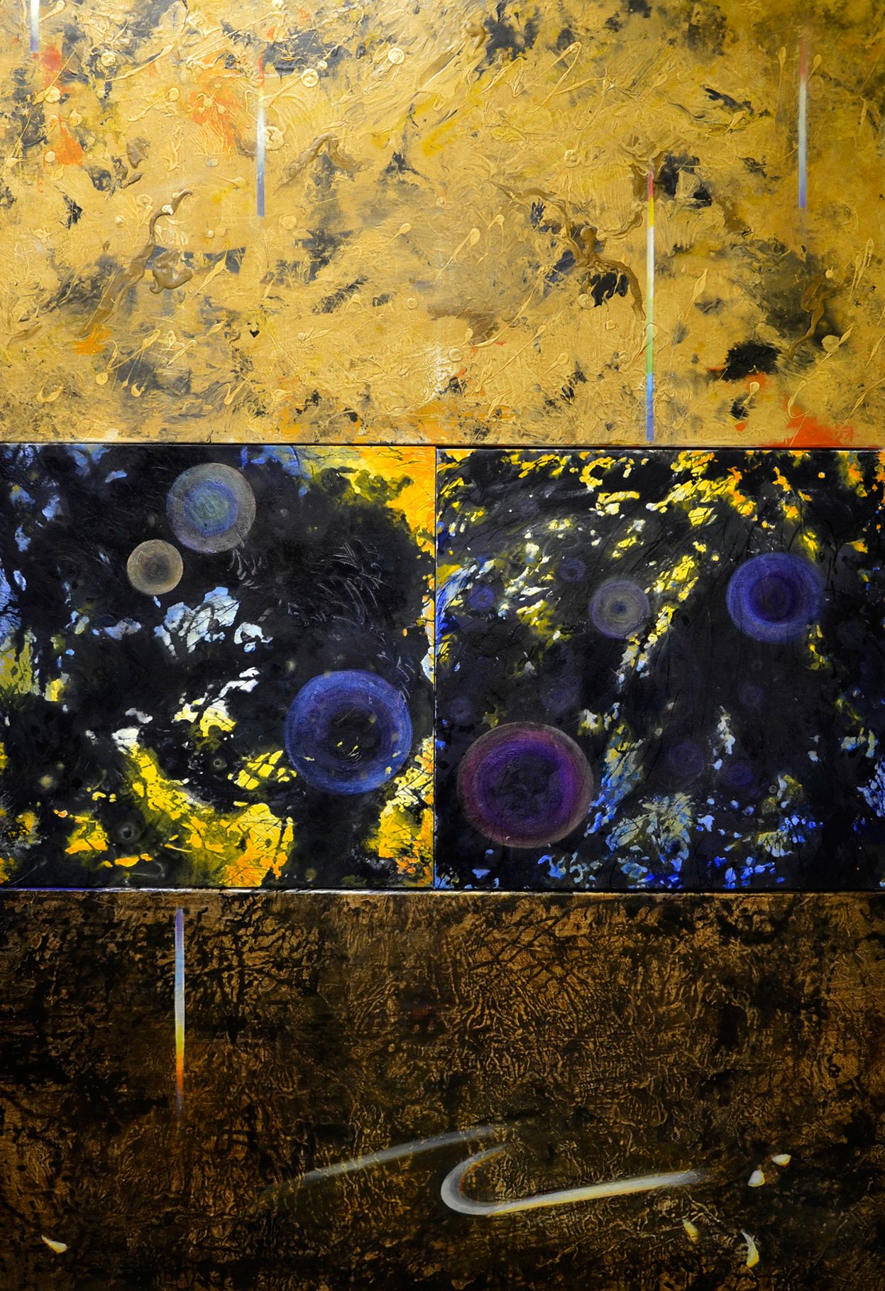 Abstract painting with gold, black, and blue sections, dotted with circular light forms and white brushstrokes
