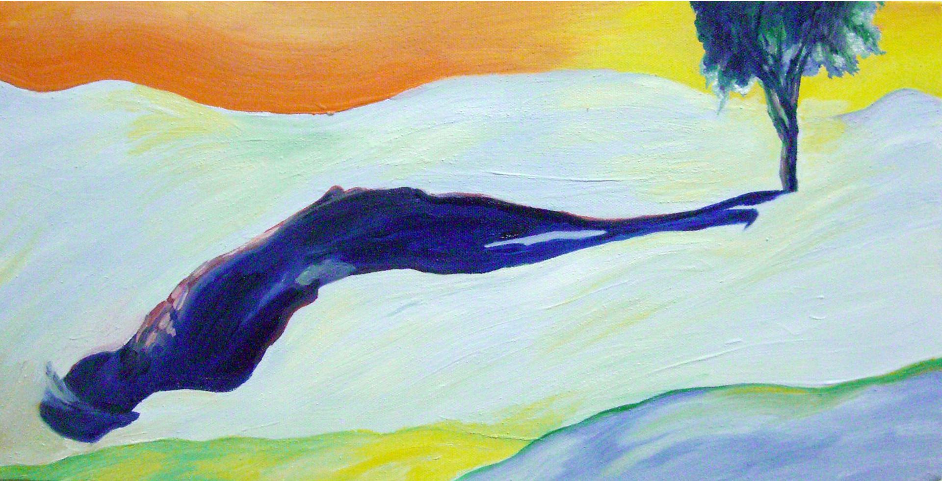 Abstract painting of a lone tree beside a dark winding path under an orange sky