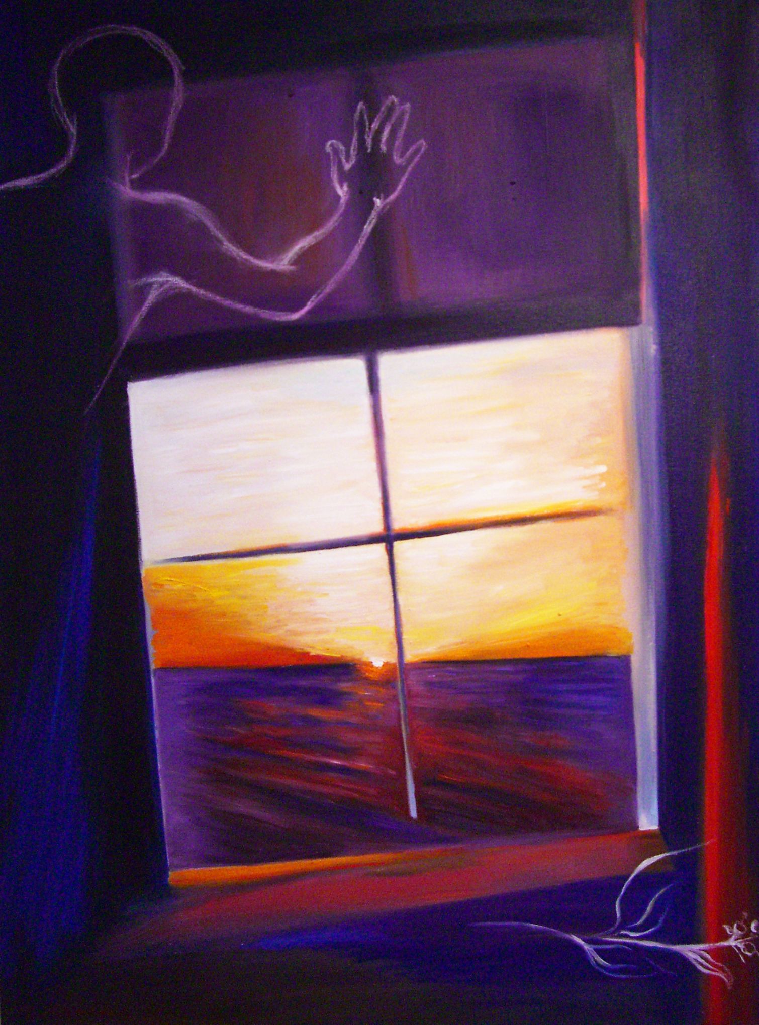 Purple-toned painting of a person reaching toward a glowing window at sunset