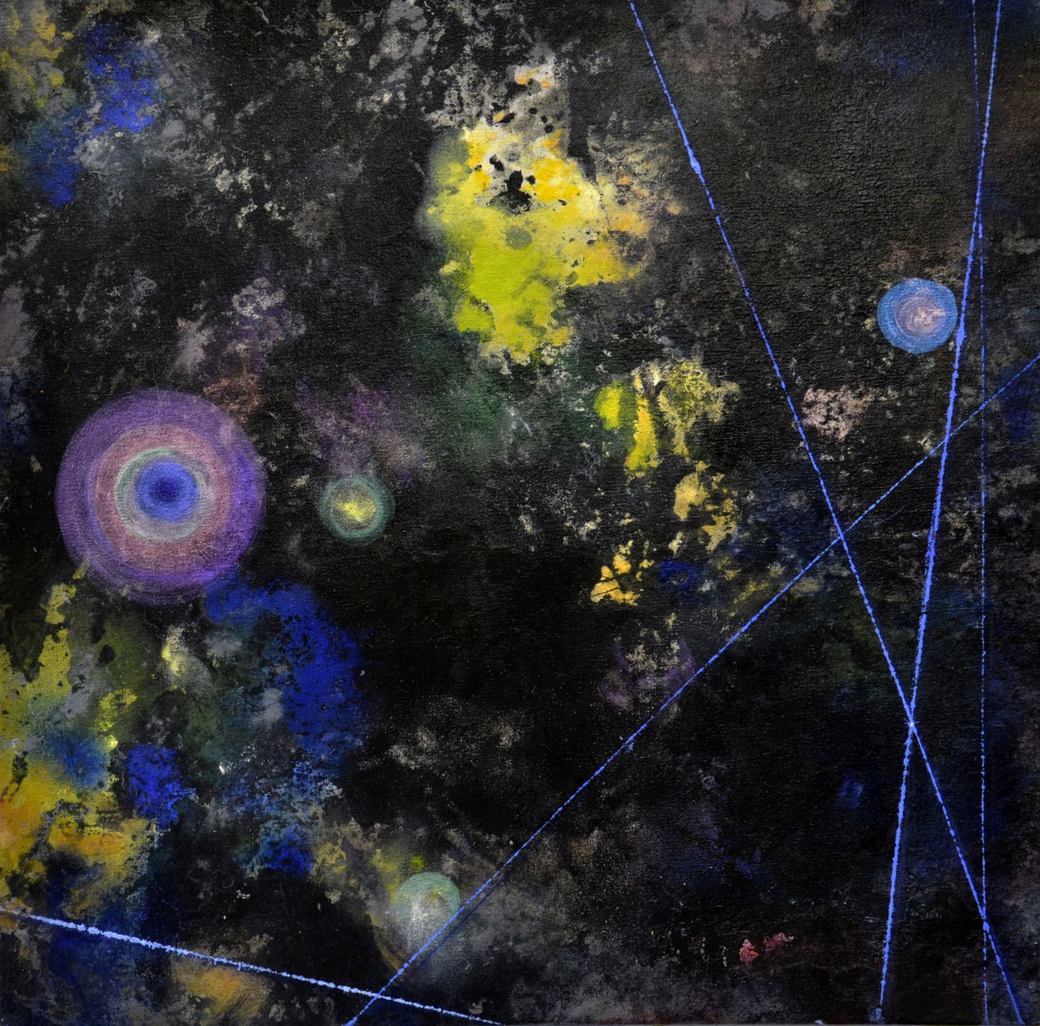 Abstract dark painting with neon yellow, blue, and purple splashes and thin glowing lines