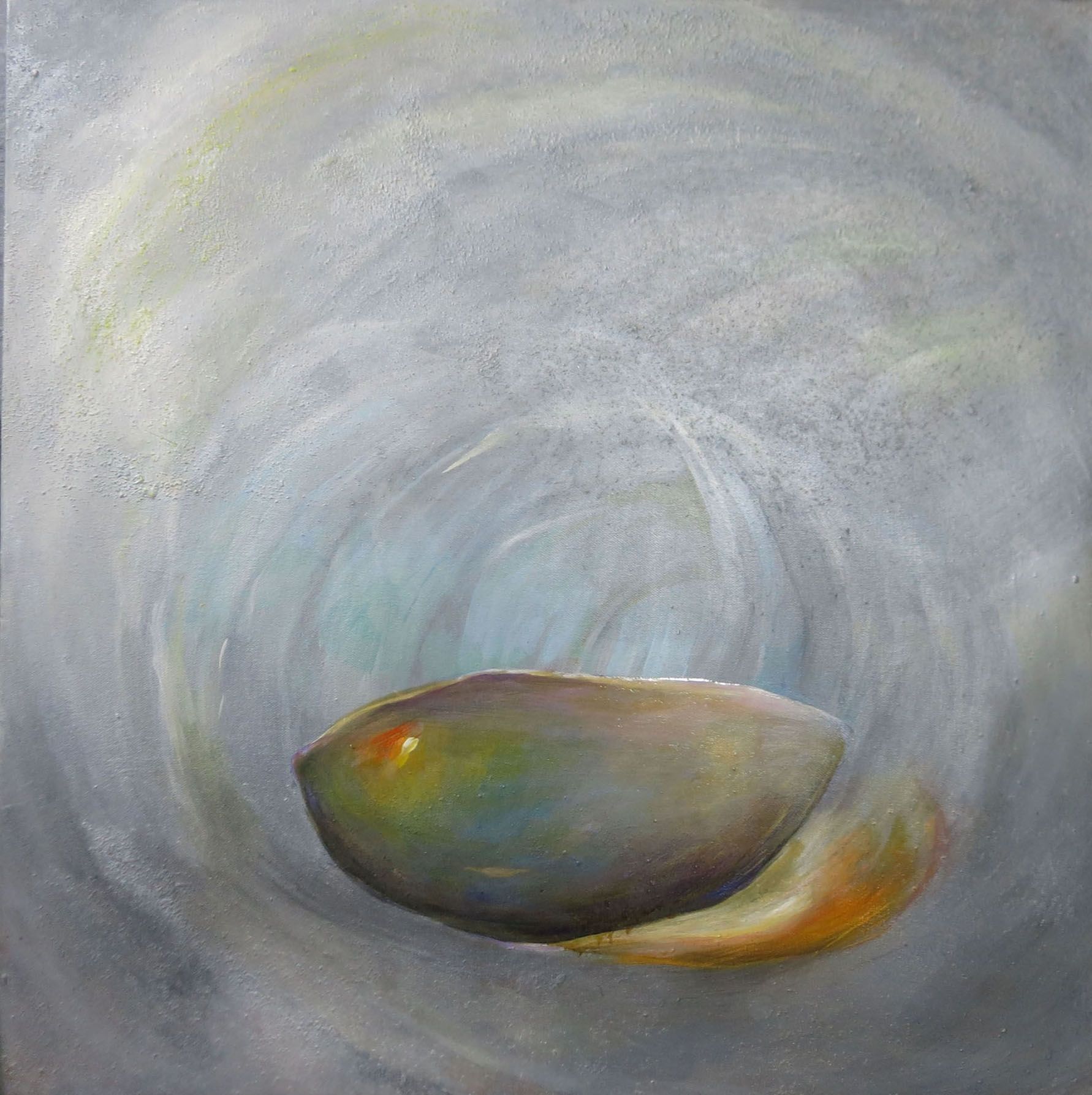 Abstract painting of a multicolored bowl on a swirling gray background