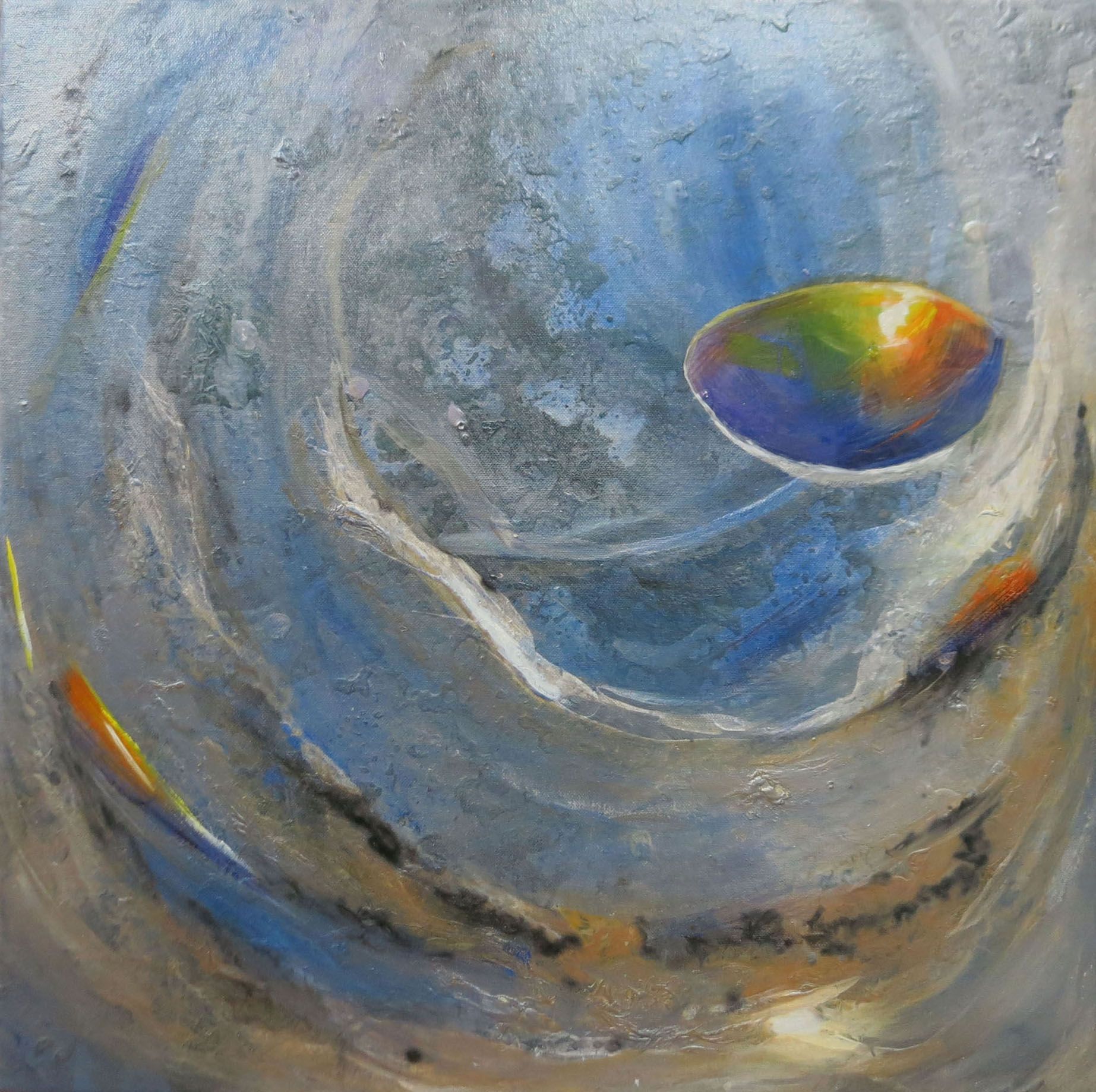 Abstract swirling blue-gray painting with a rainbow-colored oval highlight