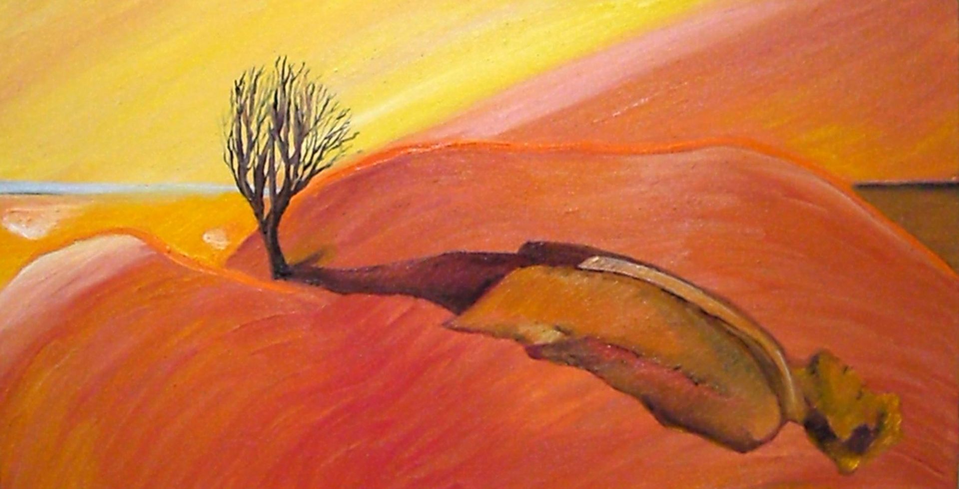 A fox-like animal curled on orange sand beneath a lone leafless tree under a yellow sky