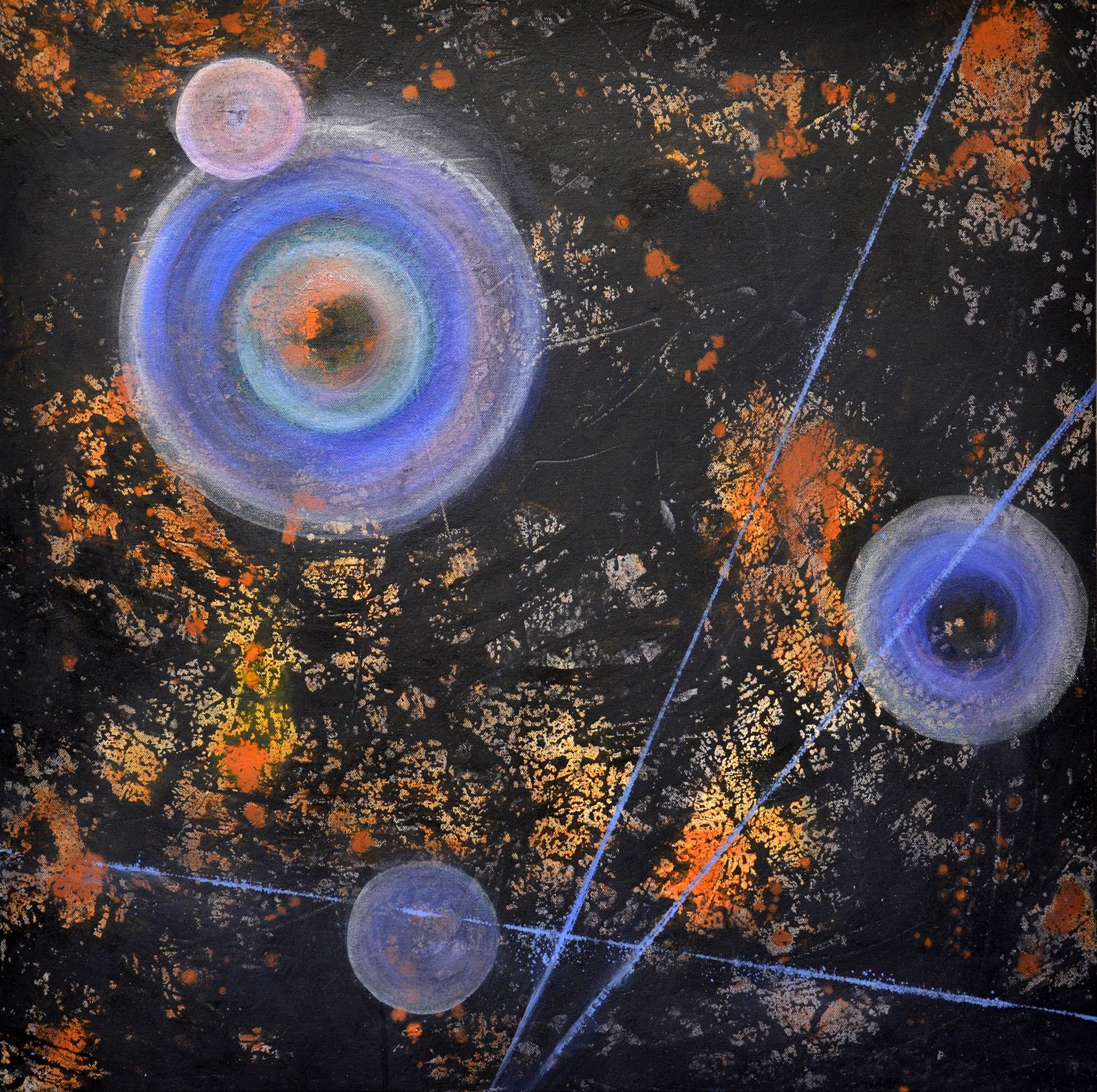 Abstract dark painting with glowing blue-purple orbs and orange specks across a textured black background