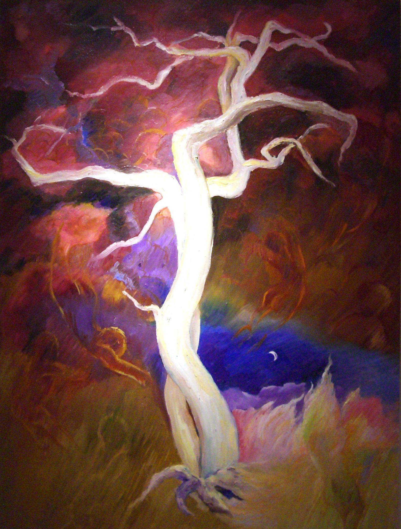 White tree-like form with bare branches against a dark abstract red, purple, and blue background