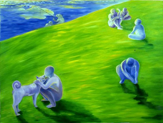 Abstract blue figures on a bright green hillside beside a blue sea or sky.