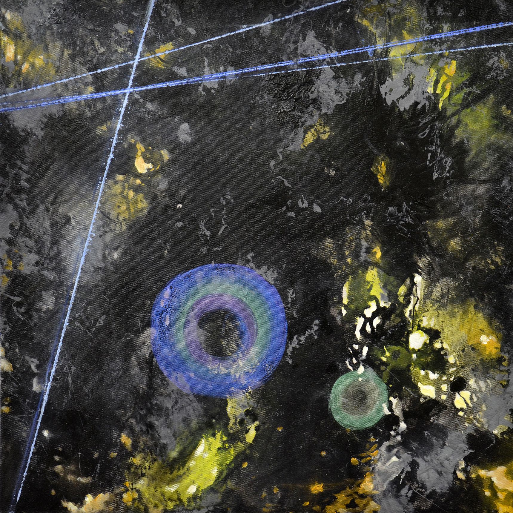 Abstract dark painting with blue and green concentric circles and yellow-white streaks