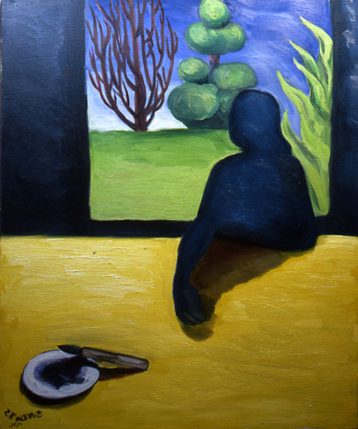 Person in dark blue sits by a window, looking at a garden; a small dish lies on the yellow floor.