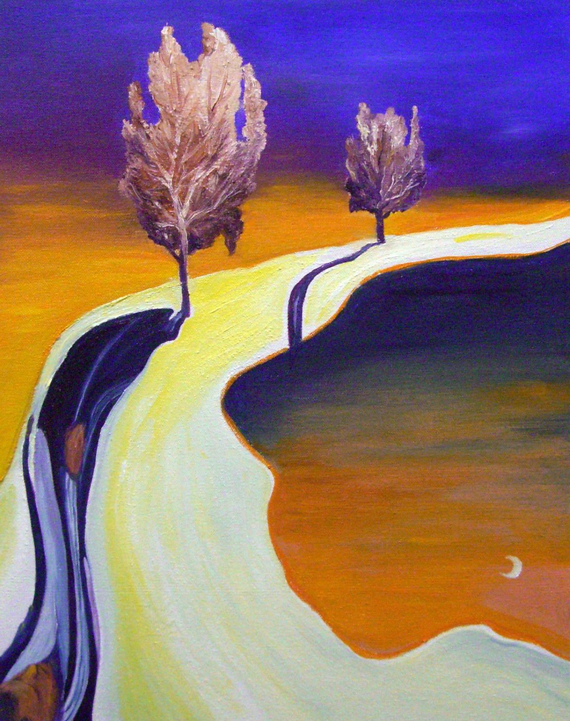 Abstract landscape with a winding pale path, two trees, and orange, purple, and blue fields